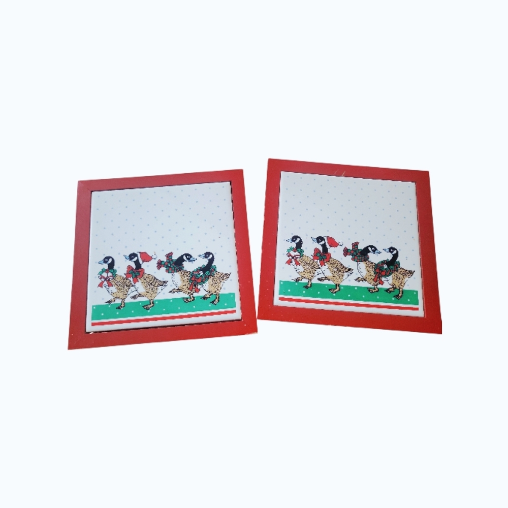Vintage Christmas Geese Ceramic & Wood Trivets Boxed Set Of 2
